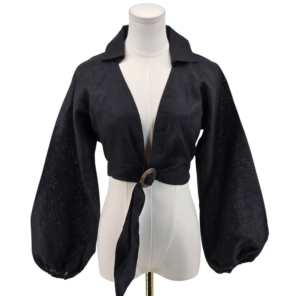 Lovers And Friends Blouse Womens S Black‎ Cropped Linen Balloon Sleeve Buckle